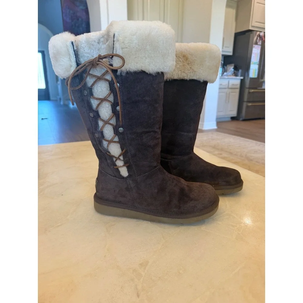 UGG Australia Sunburst Tall Suede Boots Chocolate Brown Shearling 5163 Womens 8
